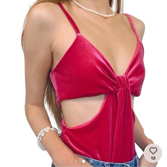 Just Polly velvet cutout bodysuit pink bow women’s small NWT - Picture 12 of 12